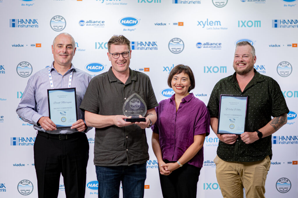 L-R: Brock Mulroyan (Barwon Water) - Highly Commended, Dylan Hetherington (North East Water) - Operator of the Year 2024, Jo Lim (CEO - VicWater), Wes Wilkie (Goulburn Valley Water) - Highly Commended.